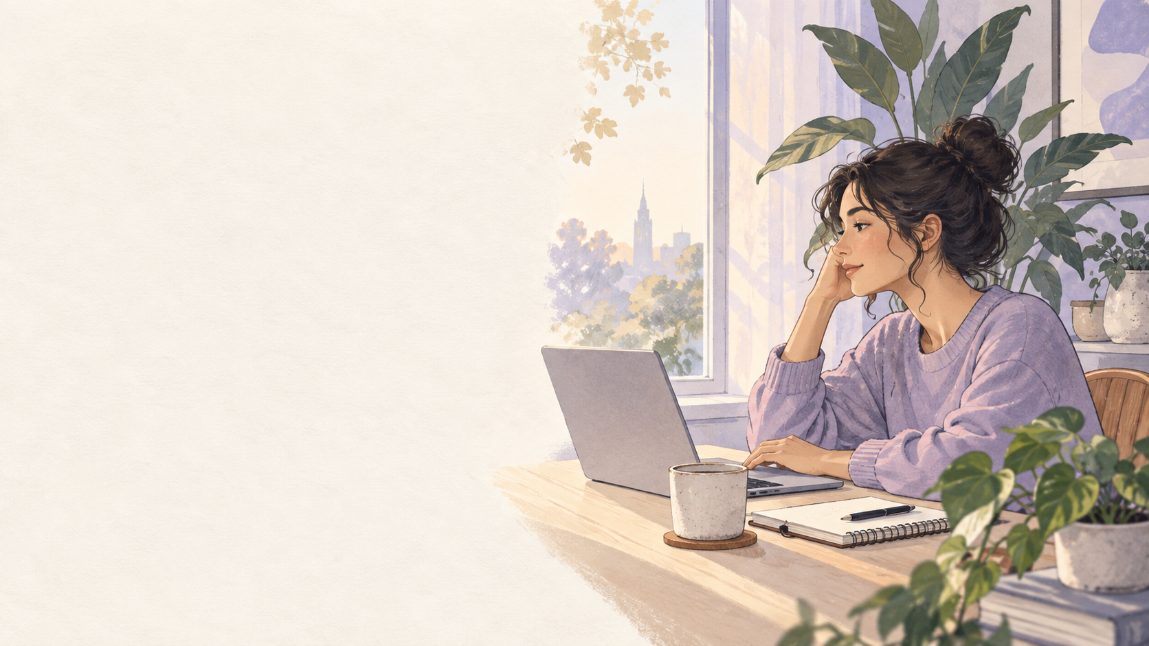 A person working calmly at a desk with a notebook and houseplants