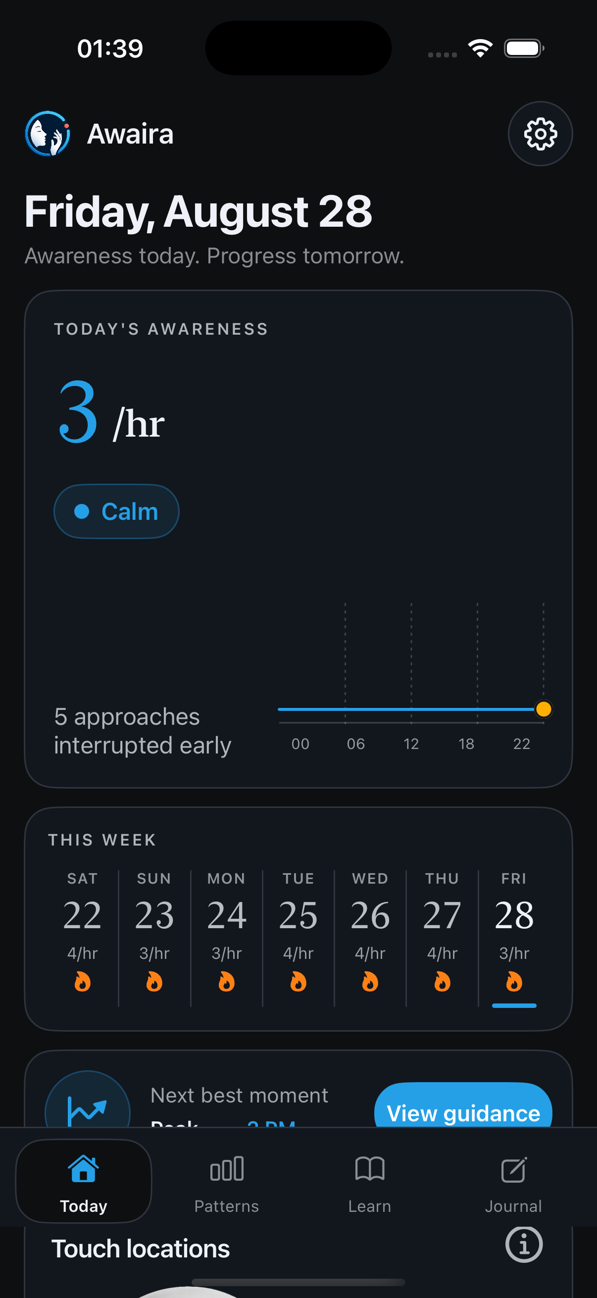 Awaira Today screen showing daily awareness, weekly activity, and touch locations.